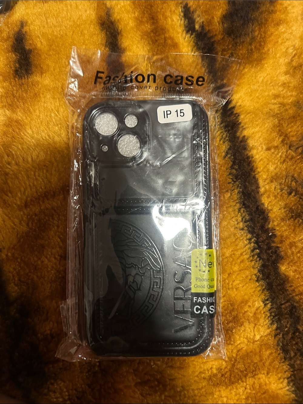 Versace Black Wallet Phone Case for iPhone 15 with Embossed Medallion